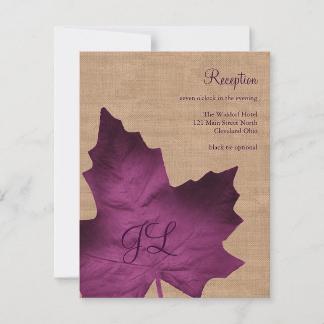 Purple Burlap Monogrammed Reception Card (Front)