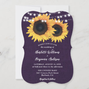 Purple Burlap String Lights Sunflower Wedding Invitation