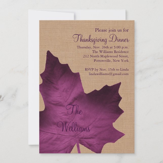 Purple Burlap Thanksgiving Dinner Invitation (Front)