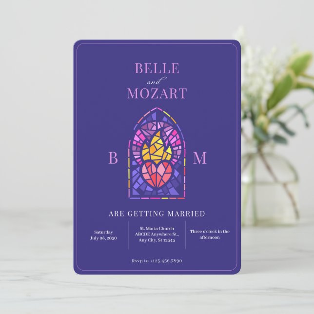 Purple burning heart stained glass art wedding  invitation (Standing Front)