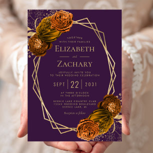 Purple Burnt Orange Floral Gold Geometric Wedding Invitation