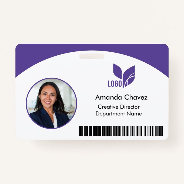 Purple Business QR Barcode Photo Employee ID Badge (Front)