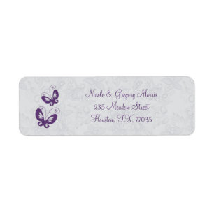 Purple butterfflies on a light silver floral Label