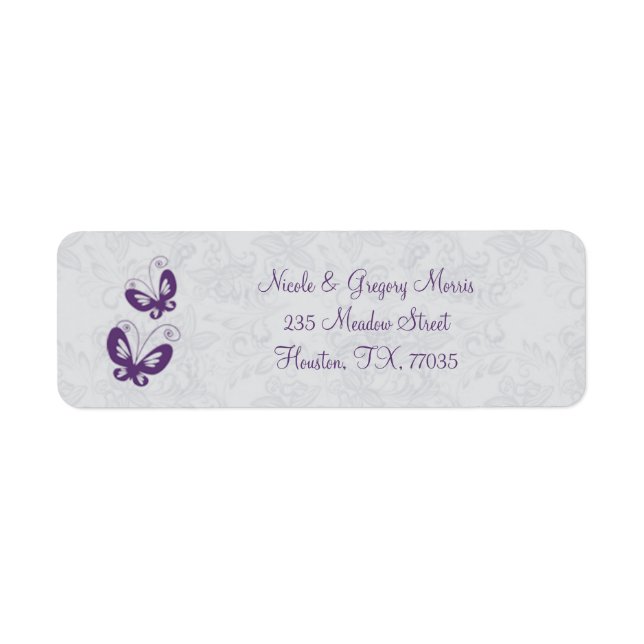 Purple butterfflies on a light silver floral Label (Front)