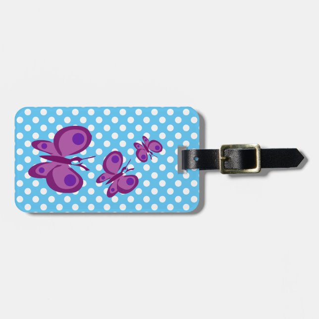 Purple Butterflies and Blue Dots Personalised Luggage Tag (Front Horizontal)