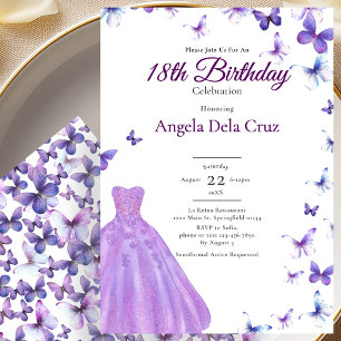 Purple Butterflies And Dress 18th Birthday Debut Invitation