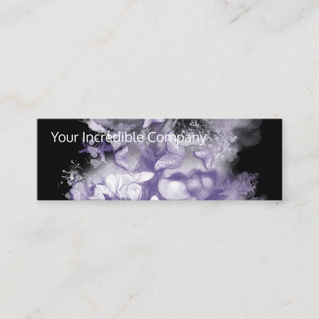 Purple butterflies and flowers on black mini business card (Front)