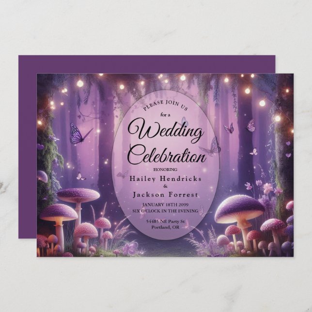 Purple Butterflies and Starlit Skies Wedding Invitation (Front/Back)