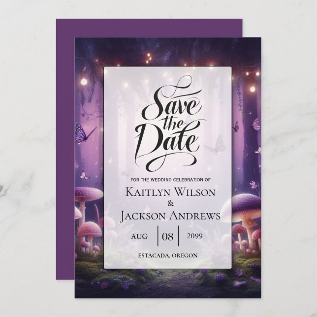 Purple Butterflies and Starlit Skies Wedding Save The Date (Front/Back)