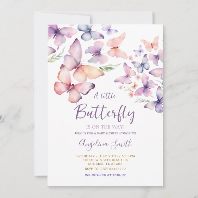Purple Butterflies Baby Shower Invitation (Front)