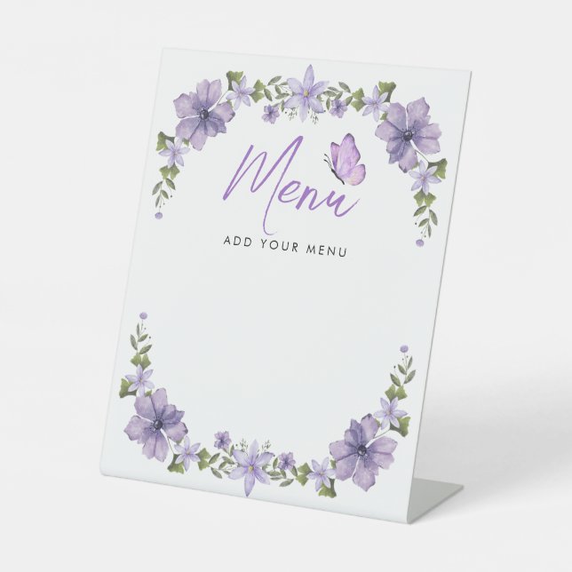 Purple Butterflies Baby Shower Menu Pedestal Sign (Front)