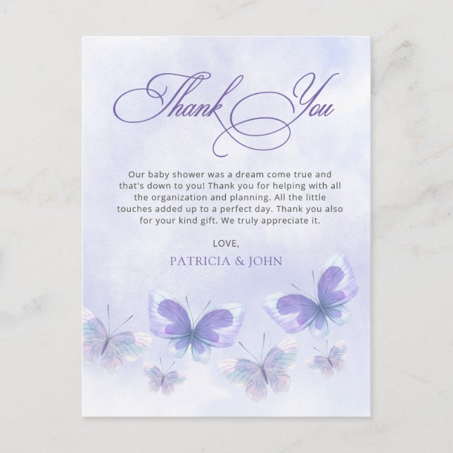 Purple Butterflies Baby Shower Thank You Postcard (Front)