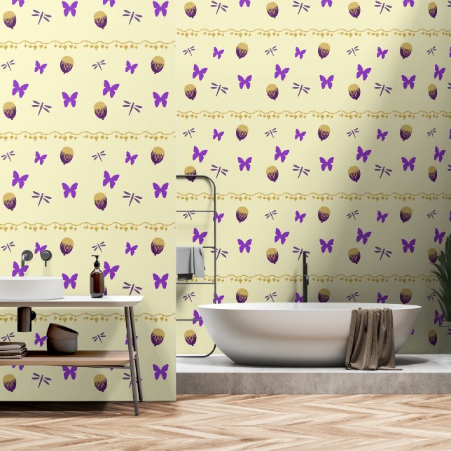 Purple Butterflies, Balloons & Dragonflies Yellow Wallpaper (Bathroom)