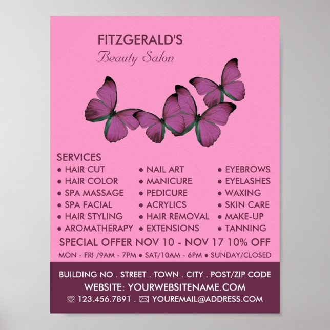 Purple Butterflies, Beautician, Beauty Salon Poster (Front)