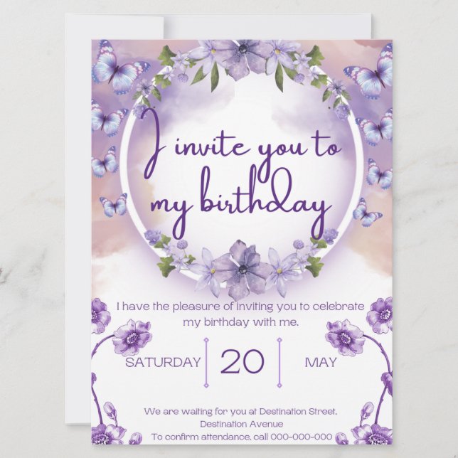 Purple butterflies birthday invitation (Front)