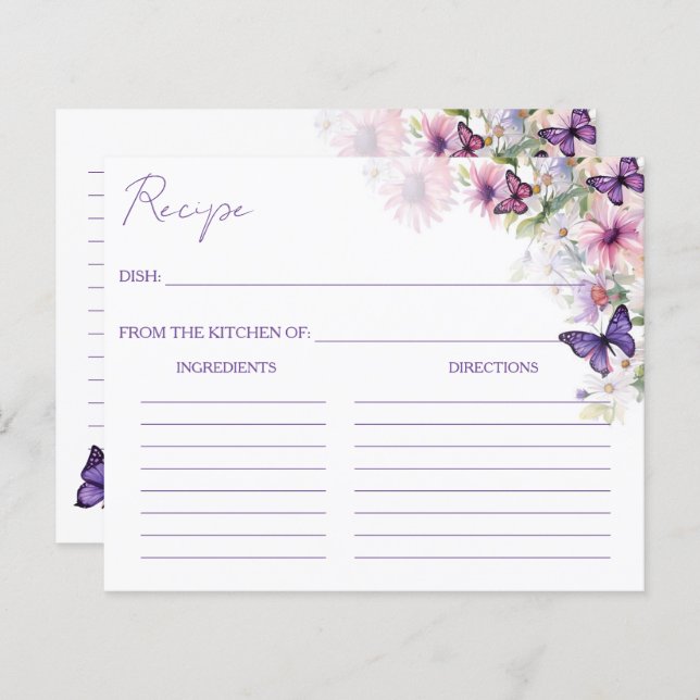 Purple butterflies bridal shower recipe cards (Front/Back)