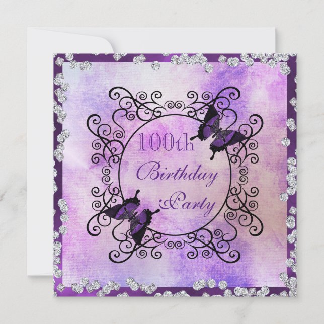 Purple Butterflies & Diamonds 100th Birthday Invitation (Front)
