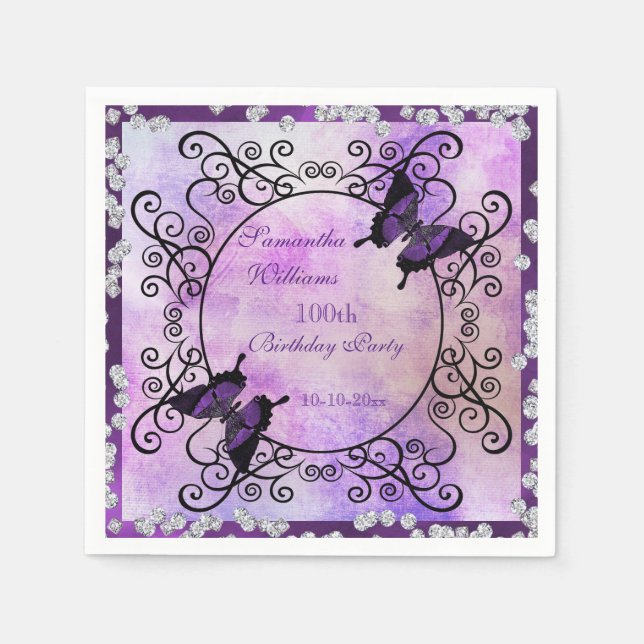 Purple Butterflies & Diamonds 100th Birthday Napkin (Front)