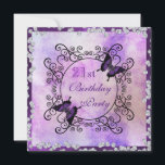 Purple Butterflies & Diamonds 21st Birthday Invitation<br><div class="desc">Elegant personalised / personalised custom 21st birthday party celebration invitations for women and girls. On the front of these glamourous birthday party invites is a printed image of 2/two beautiful purple butterflies resting on a stunning black decorative ornamental frame with swirls, printed on a soft pastel shaded textured abstract background...</div>