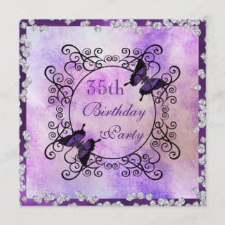 Purple Butterflies & Diamonds 35th Birthday Invitation
