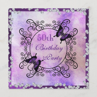 Purple Butterflies & Diamonds 50th Birthday Invitation