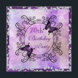 Purple Butterflies & Diamonds 70th Birthday Invitation<br><div class="desc">Elegant personalised / personalised custom 70th birthday party celebration invitations for women and girls. On the front of these glamourous birthday party invites is a printed image of 2/two beautiful purple butterflies resting on a stunning black decorative ornamental frame with swirls, printed on a soft pastel shaded textured abstract background...</div>