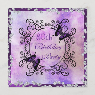 Purple Butterflies & Diamonds 80th Birthday Invitation