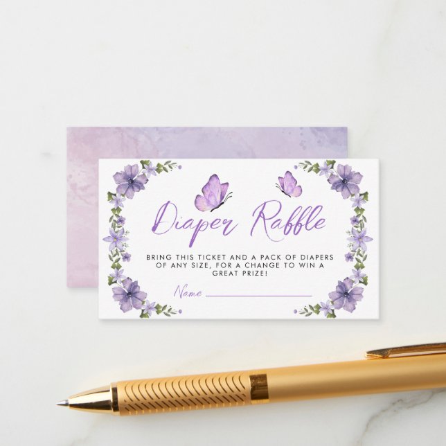 Purple Butterflies Diaper Raffle Enclosure Card (Front/Back In Situ)