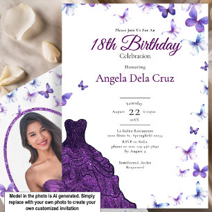 Purple Butterflies Fancy Dress 18th Birthday Debut Invitation