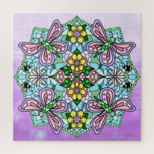 Purple Butterflies Flowers and Bees Mandala   Jigsaw Puzzle