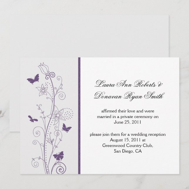 Purple Butterflies Flowers on Grey Post Wedding Invitation (Front/Back)