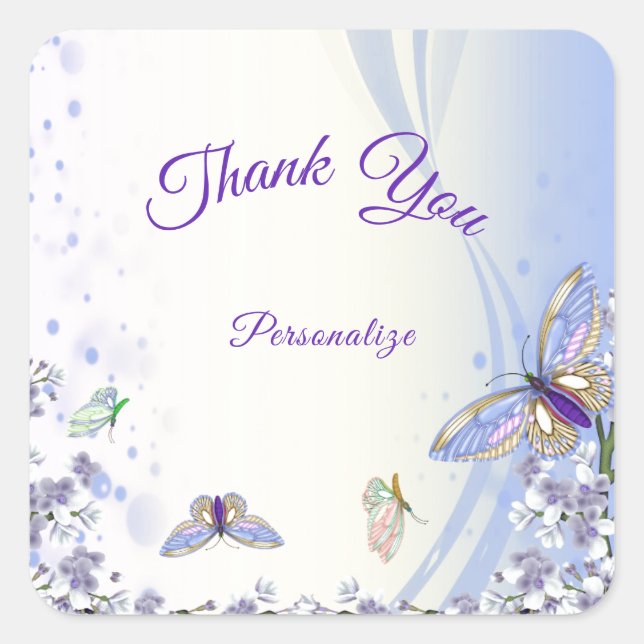 Purple Butterflies Flowers Thank You Personalise Square Sticker (Front)