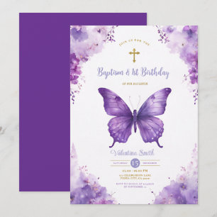 Purple Butterflies Garden Baptism & 1st Birthday  Invitation