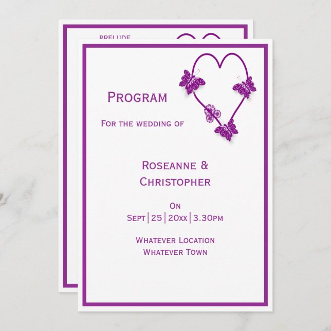 Purple Butterflies Heart Design Wedding Programme (Front/Back)