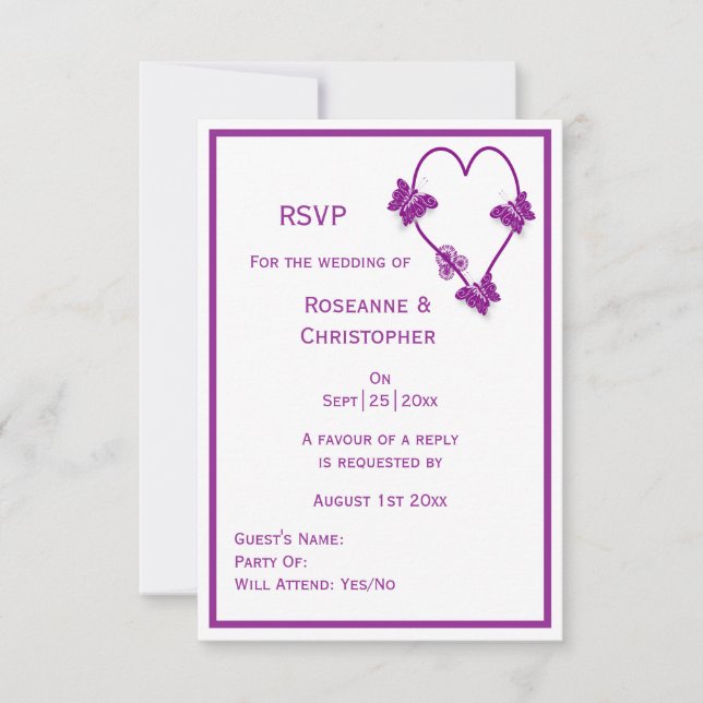 Purple Butterflies Heart Design Wedding RSVP Card (Front)