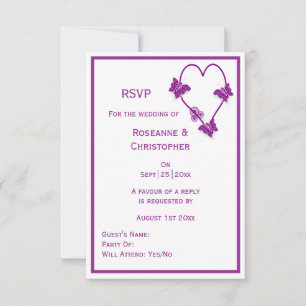 Purple Butterflies Heart Design Wedding RSVP Card