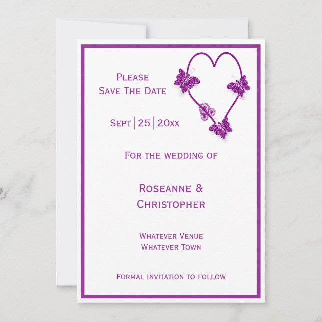 Purple Butterflies Heart Design Wedding Save The Date (Front)