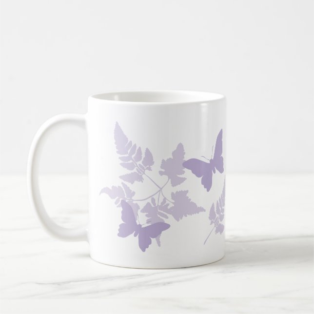 Purple Butterflies Lavender Ferns Coffee Mug (Left)