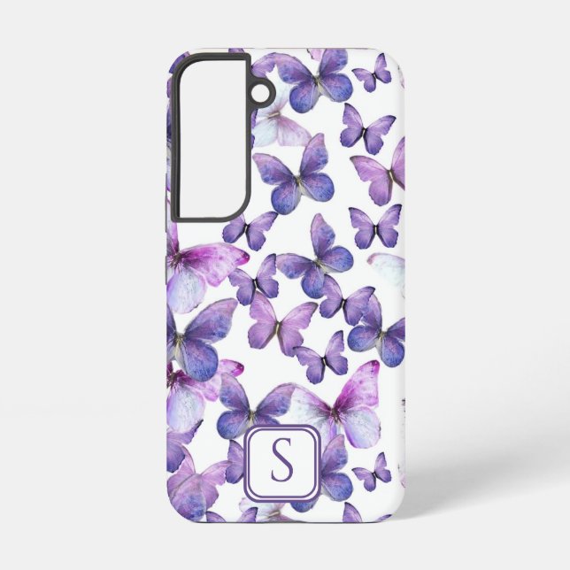 Purple Butterflies Modern Elegant Custom Monogram Samsung Galaxy S22 Case (Back)