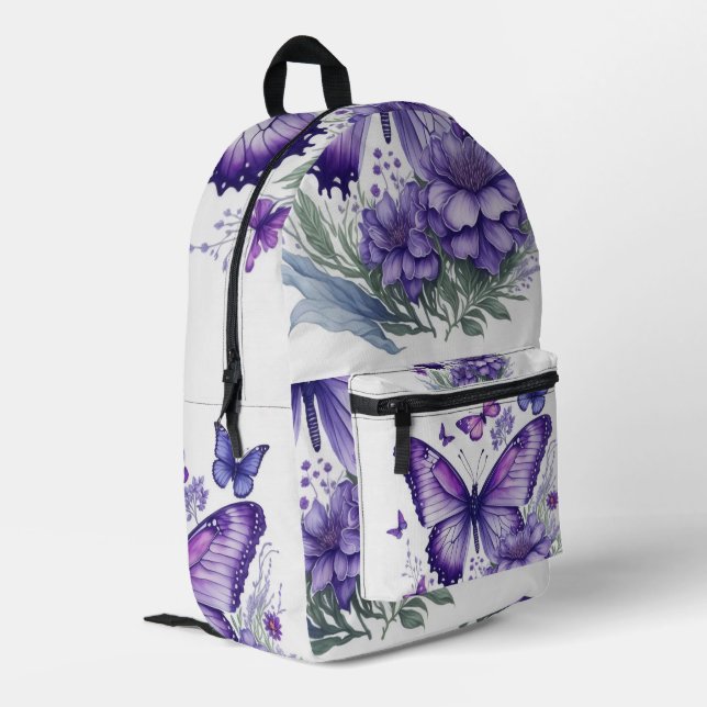  Purple Butterflies on Flower  Printed Backpack (Back Corner Left)