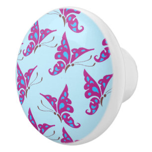Purple Butterflies on Light Blue, Butterfly Print Ceramic Knob