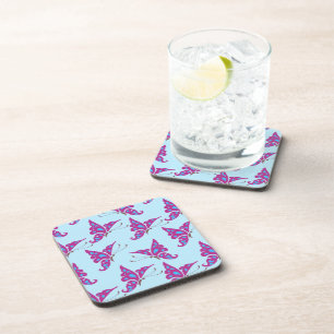 Purple Butterflies on Light Blue, Butterfly Print Coaster