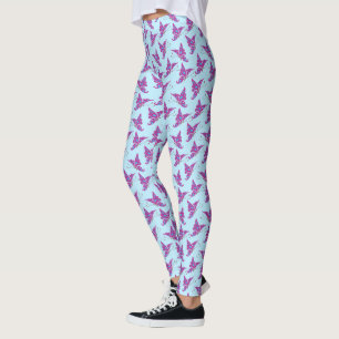 Purple Butterflies on Light Blue, Butterfly Print Leggings
