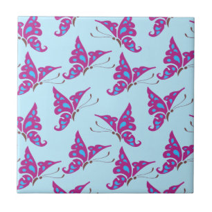 Purple Butterflies on Light Blue, Butterfly Print Tile