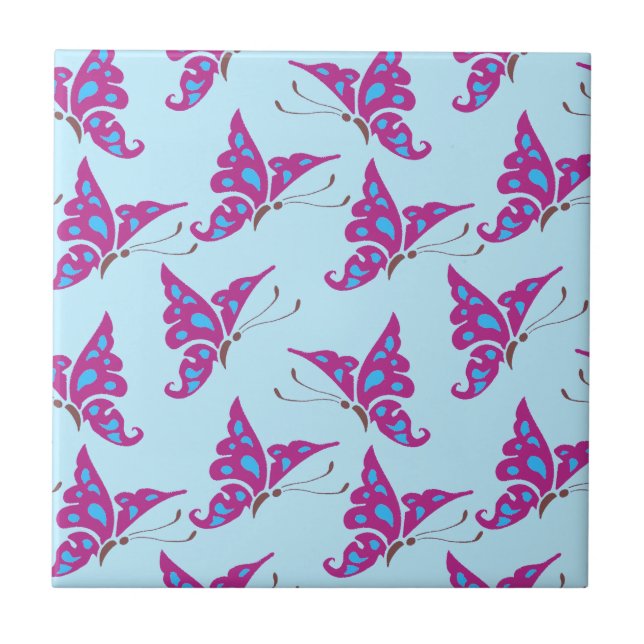 Purple Butterflies on Light Blue, Butterfly Print Tile (Front)