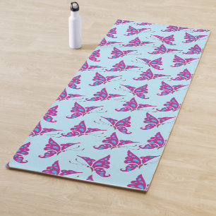 Purple Butterflies on Light Blue, Butterfly Print Yoga Mat