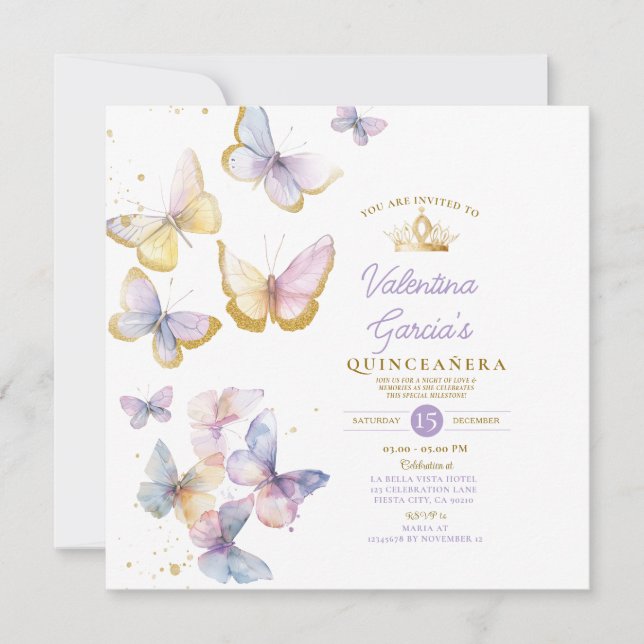 Purple Butterflies Quinceañera 15 Anos Gold Crown Invitation (Front)