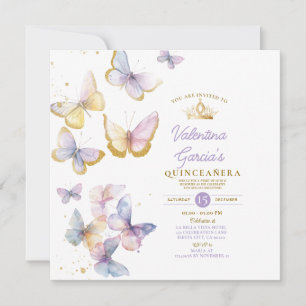 Purple Butterflies Quinceañera 15 Anos Gold Crown Invitation