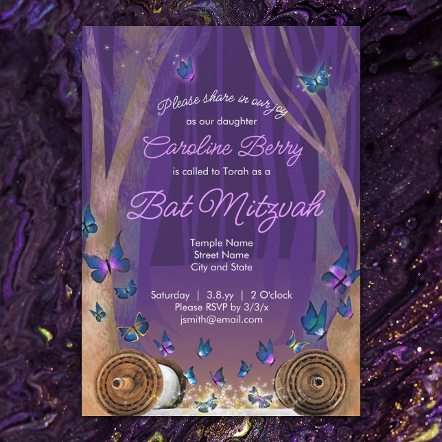 Purple Butterflies, Scrolls Bat Mitzvah Invite (magical forest purple bat mitzvah invitations, torah scrolls, sparkles)