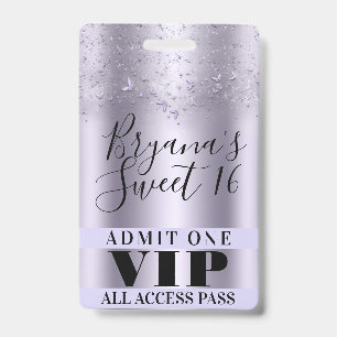 Purple Butterflies Sweet 16 Party VIP Pass Badge ID Badge